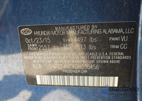 2016 Hyundai Sonata Se z USA, uszkodzony, nr VIN 5NPE24AF4GH330456